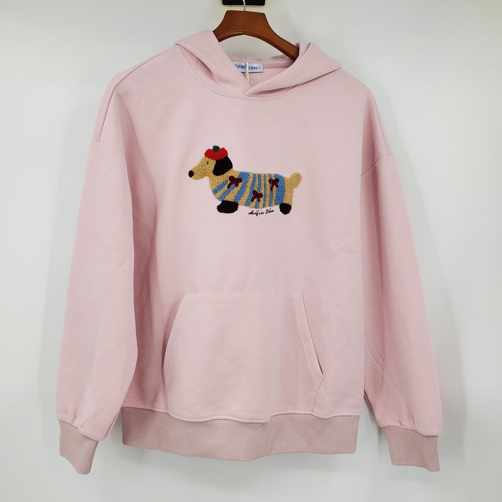 NWT Aelfric Eden Pink Dachshund Chenille Embroidered Oversized Hoodie S Weenie